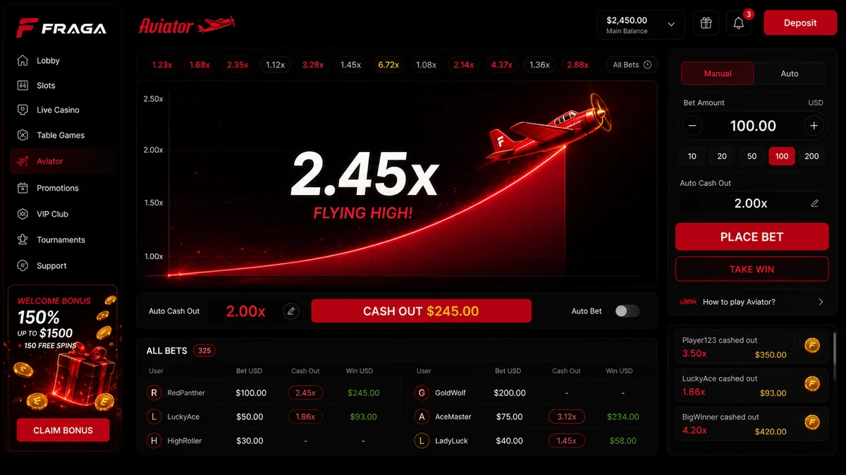 Интерфейс краш-игры Aviator от Spribe в Fraga Casino: поле ставки, растущий множитель и кнопка вывода