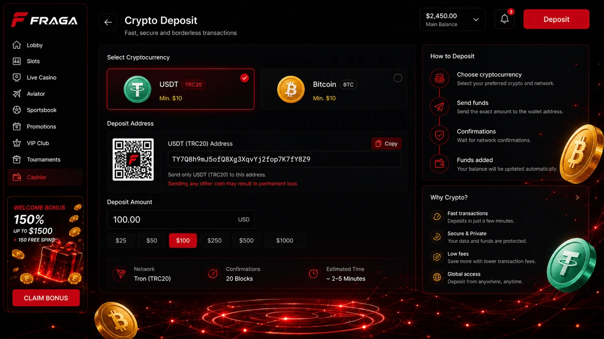 Пополнение счёта Fraga Casino криптовалютой USDT в сети TRC20 из Казахстана