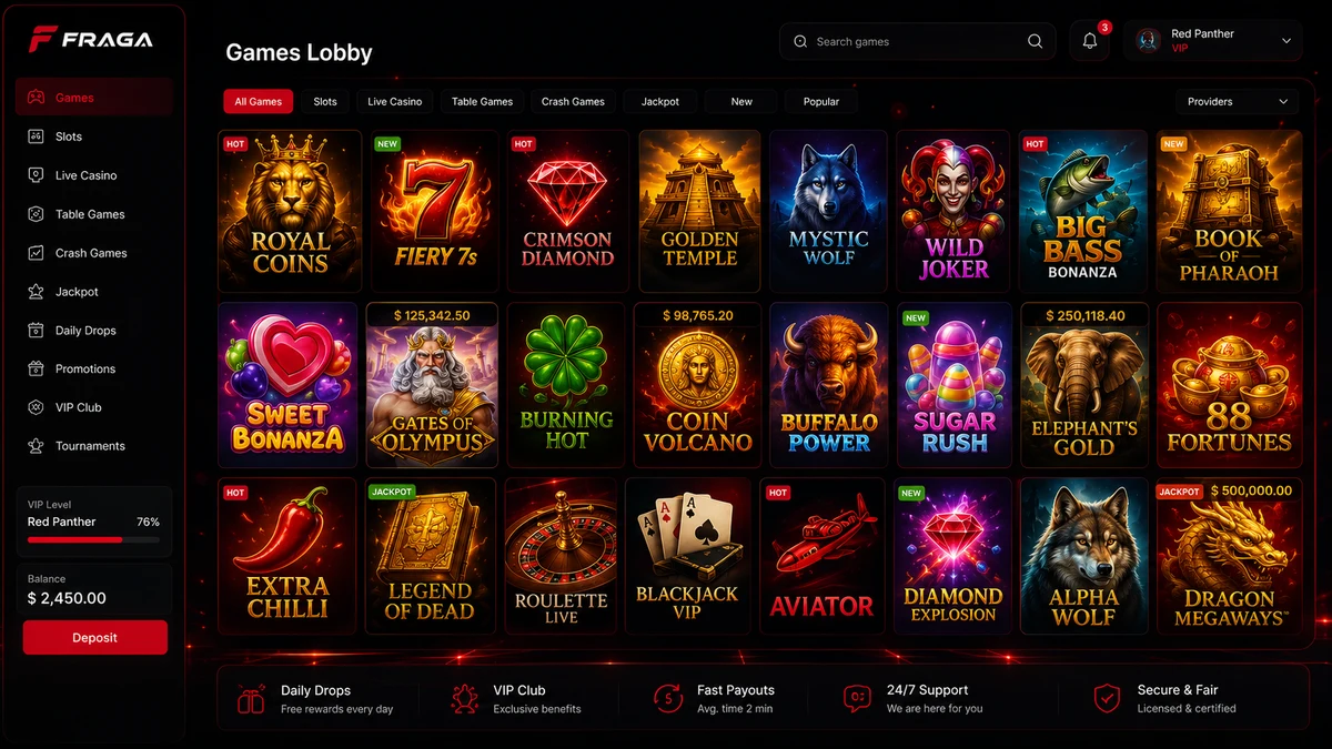 Fraga Casino oyun lobbisi: slot canlı kazino və crash-oyun bölmələrinin görünüşü