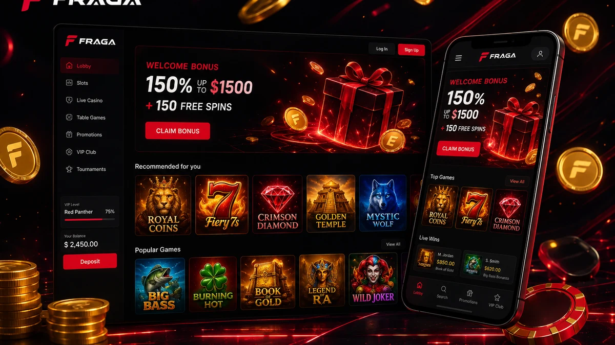 Fraga Casino басты экраны және қазақстандық ойыншыға арналған 150 пайыздық құттықтау пакеті