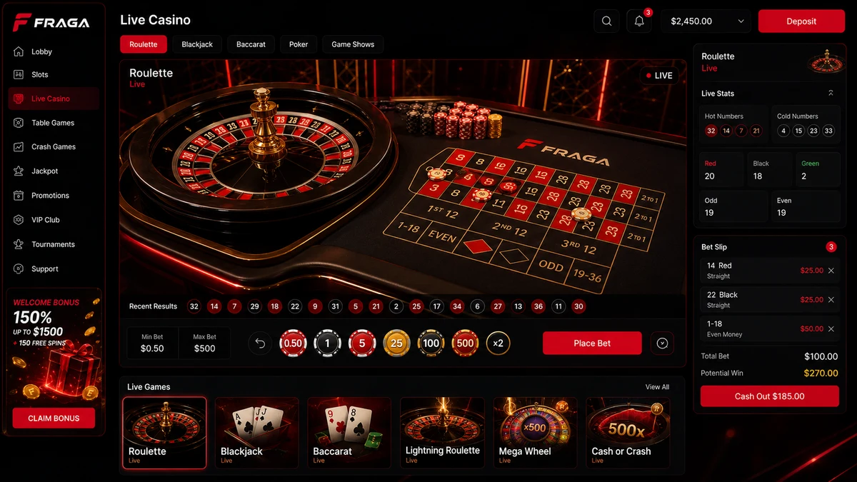 Fraga Casino canlı casino bölümünde rulet ve blackjack masaları görünümü