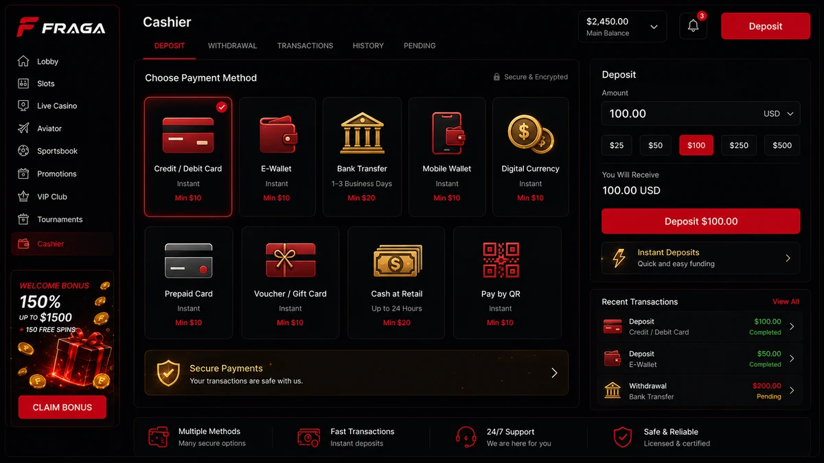 Fraga Casino-da mövcud ödəniş kanalları: bank kartı kriptovalyuta və elektron pul kisələri